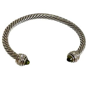 Elegant Silver Toned Cable Classics Bracelet with Green Stones and Rhinestones